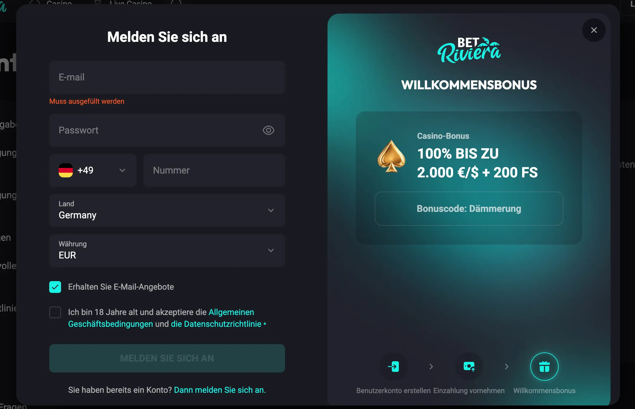 BetRiviera Casino Registrierung und Anmeldung